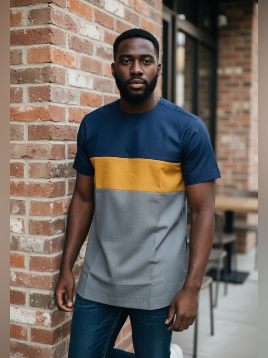 Other - Men’s African Tailored Colorblock Shirt Blue Mustard Gray Size L(43) Handmade .